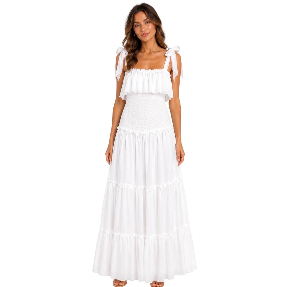 Lulus White Maxi Dress Tie Straps Smocked Bodice Tiered Ruffle Gown Small